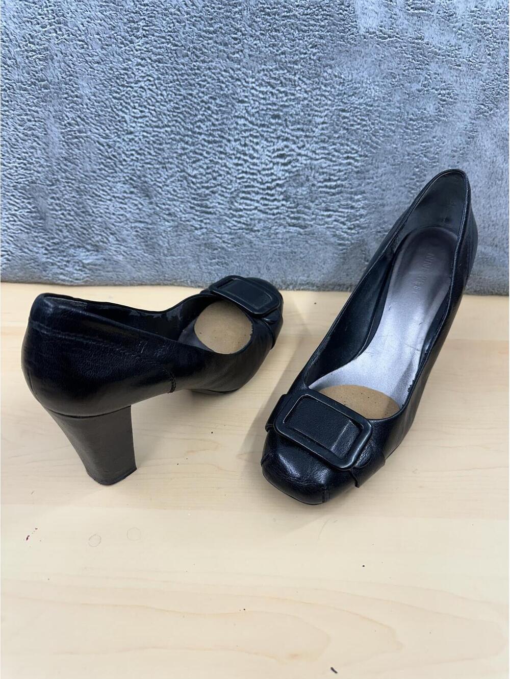 Nine West Black Leather Heeled Pumps with Square Buckle Y2K Office Chic
